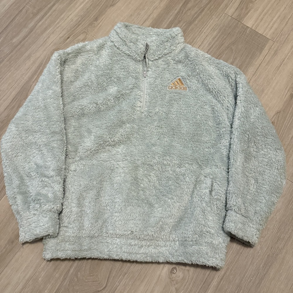 Adidas Girls Sweatshirt XL 16 Mint Gold Sparkle Mock Neck Sherpa Fuzzy 1/4 Zip